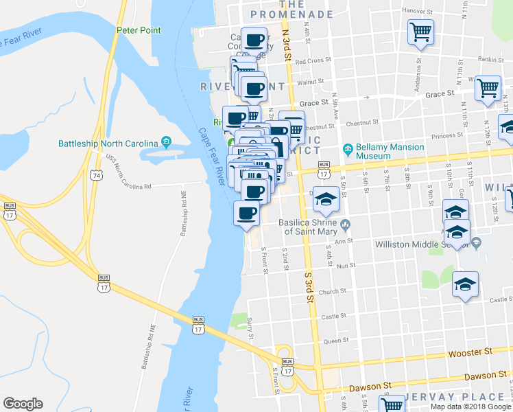 map of restaurants, bars, coffee shops, grocery stores, and more near 110 South Front Street in Wilmington