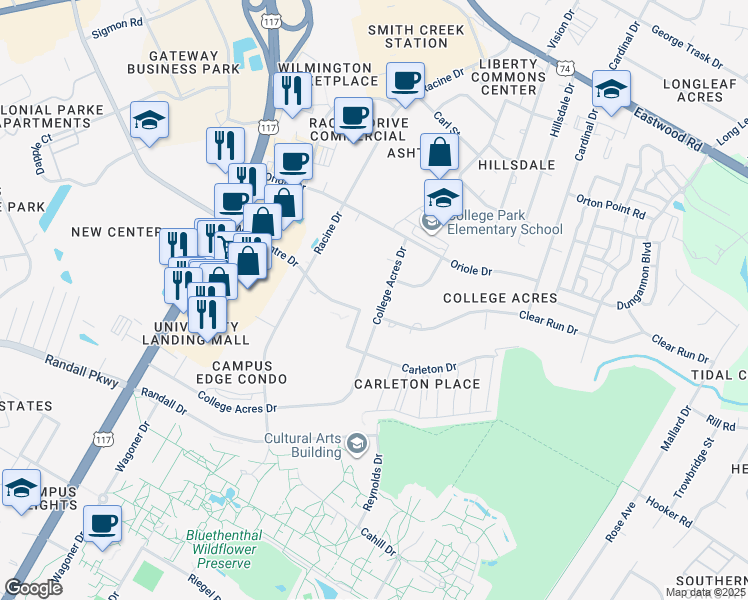 map of restaurants, bars, coffee shops, grocery stores, and more near 5005 College Acres Drive in Wilmington