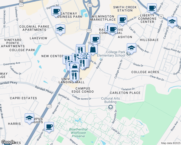 map of restaurants, bars, coffee shops, grocery stores, and more near 434 Racine Drive in Wilmington