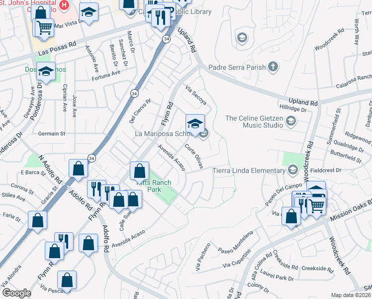 map of restaurants, bars, coffee shops, grocery stores, and more near 4819 Corte Olivas in Camarillo