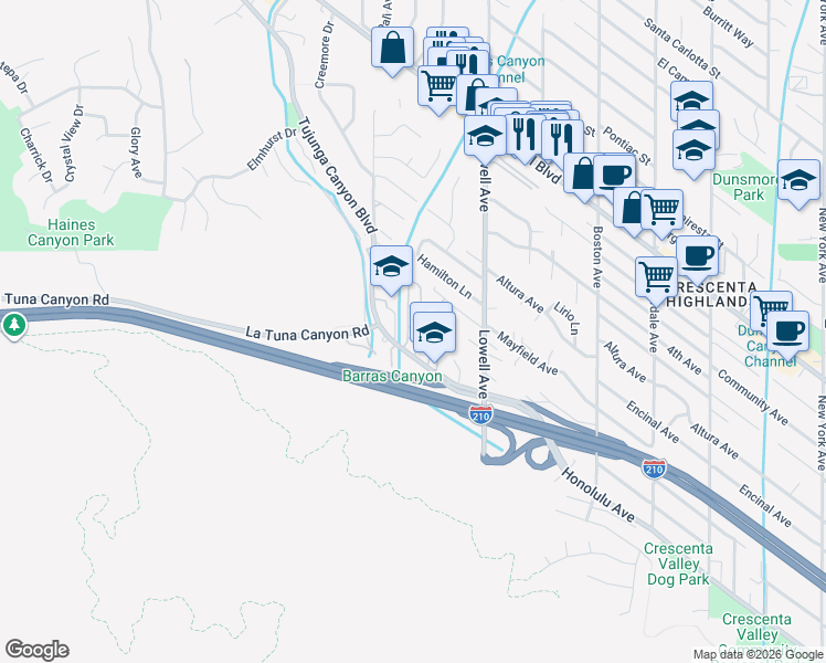 map of restaurants, bars, coffee shops, grocery stores, and more near 6301 Honolulu Avenue in Los Angeles