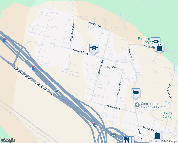 map of restaurants, bars, coffee shops, grocery stores, and more near 1077 Richmond Hill Court in San Bernardino