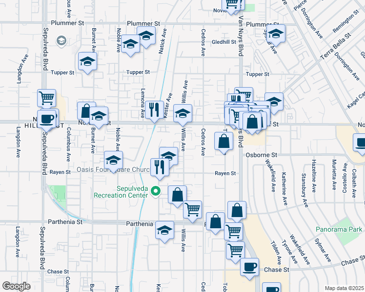 map of restaurants, bars, coffee shops, grocery stores, and more near 9054 Willis Avenue in Los Angeles