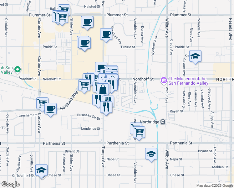 map of restaurants, bars, coffee shops, grocery stores, and more near 19130 Nordhoff Street in Los Angeles