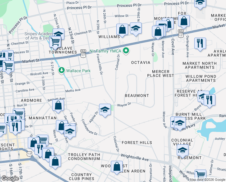 map of restaurants, bars, coffee shops, grocery stores, and more near 306 Colonial Dr in Wilmington