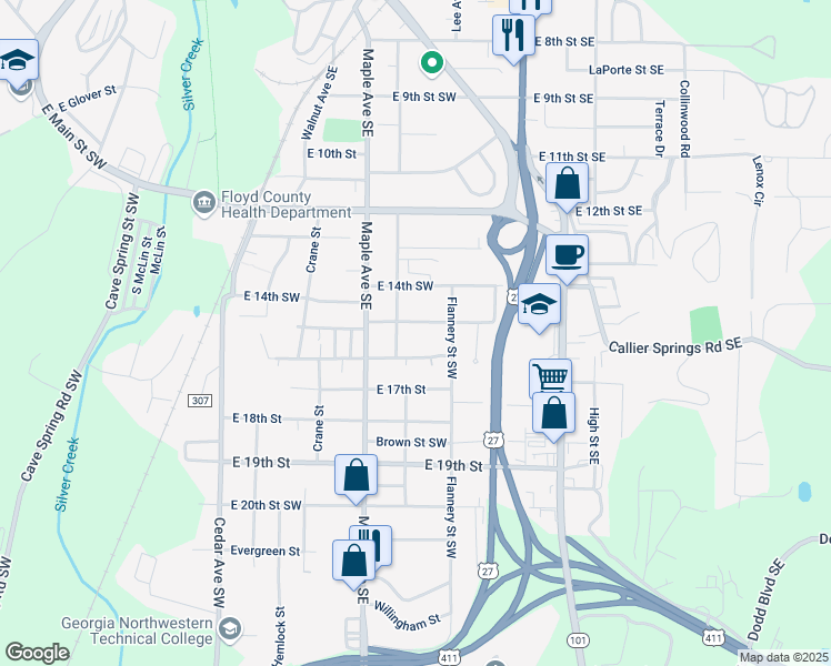 map of restaurants, bars, coffee shops, grocery stores, and more near 306 East 15th Street Southwest in Rome