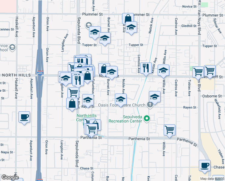 map of restaurants, bars, coffee shops, grocery stores, and more near 8958 Burnet Avenue in Los Angeles