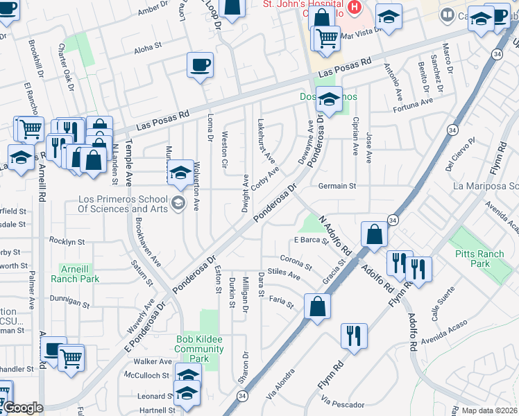 map of restaurants, bars, coffee shops, grocery stores, and more near 1610 Dewayne Avenue in Camarillo