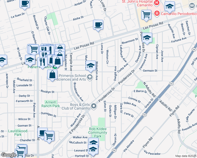 map of restaurants, bars, coffee shops, grocery stores, and more near 1590 Wolverton Avenue in Camarillo