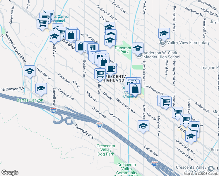 map of restaurants, bars, coffee shops, grocery stores, and more near 3614 2nd Avenue in Glendale