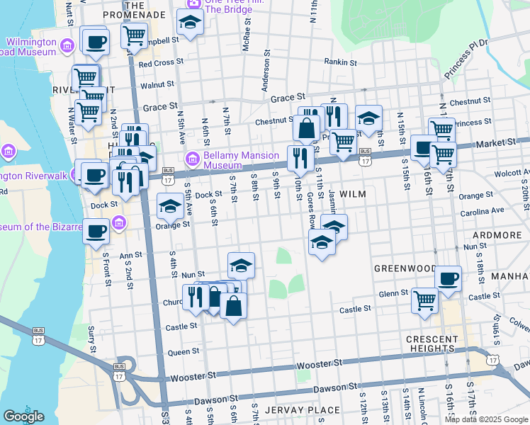 map of restaurants, bars, coffee shops, grocery stores, and more near 807 Orange Street in Wilmington