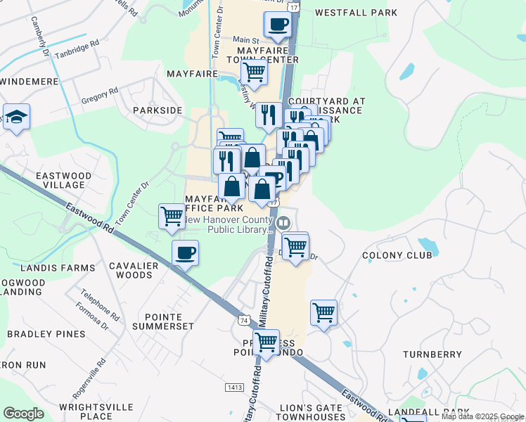 map of restaurants, bars, coffee shops, grocery stores, and more near 6835 Conservation Way in Wilmington