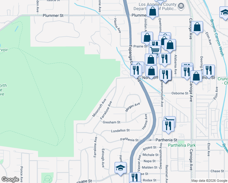 map of restaurants, bars, coffee shops, grocery stores, and more near 8961 Farralone Avenue in Los Angeles