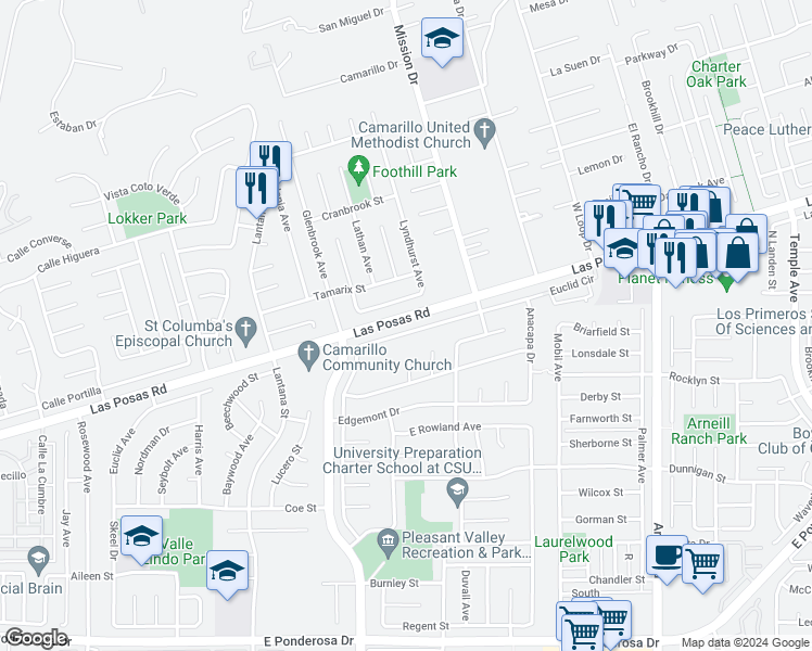 map of restaurants, bars, coffee shops, grocery stores, and more near 1669 Euclid Avenue in Camarillo