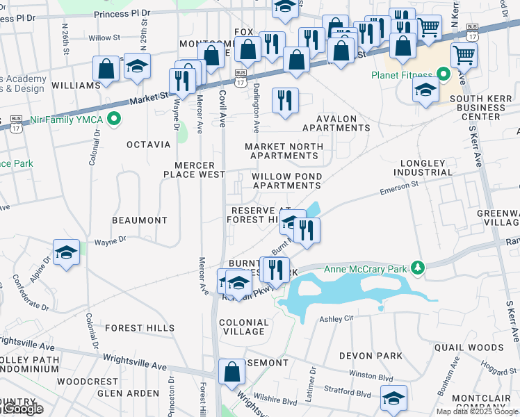 map of restaurants, bars, coffee shops, grocery stores, and more near 361 Darlington Avenue in Wilmington