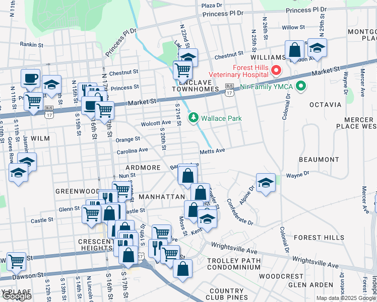 map of restaurants, bars, coffee shops, grocery stores, and more near 2109 Metts Avenue in Wilmington