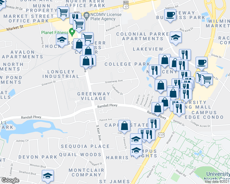 map of restaurants, bars, coffee shops, grocery stores, and more near 367 Lullwater Drive in Wilmington