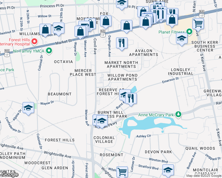 map of restaurants, bars, coffee shops, grocery stores, and more near 361 Darlington Avenue in Wilmington