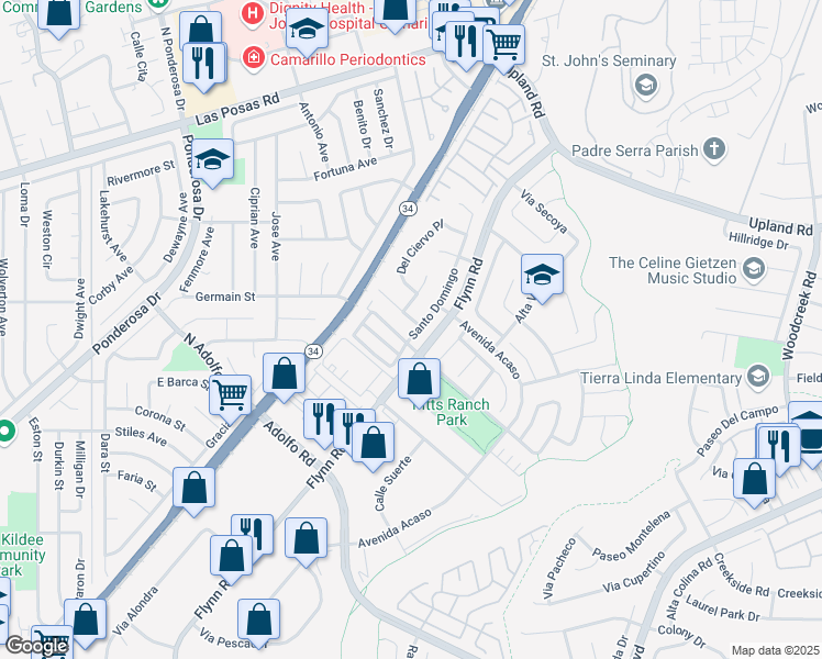 map of restaurants, bars, coffee shops, grocery stores, and more near 4548 Via Dulce in Camarillo