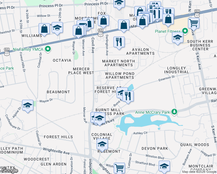 map of restaurants, bars, coffee shops, grocery stores, and more near 361 Darlington Avenue in Wilmington