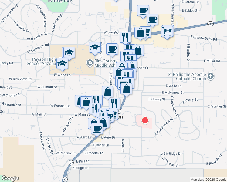 map of restaurants, bars, coffee shops, grocery stores, and more near 509 South Colcord Road in Payson