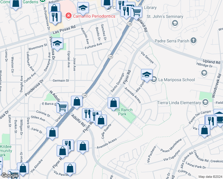 map of restaurants, bars, coffee shops, grocery stores, and more near 4548 Via Dulce in Camarillo