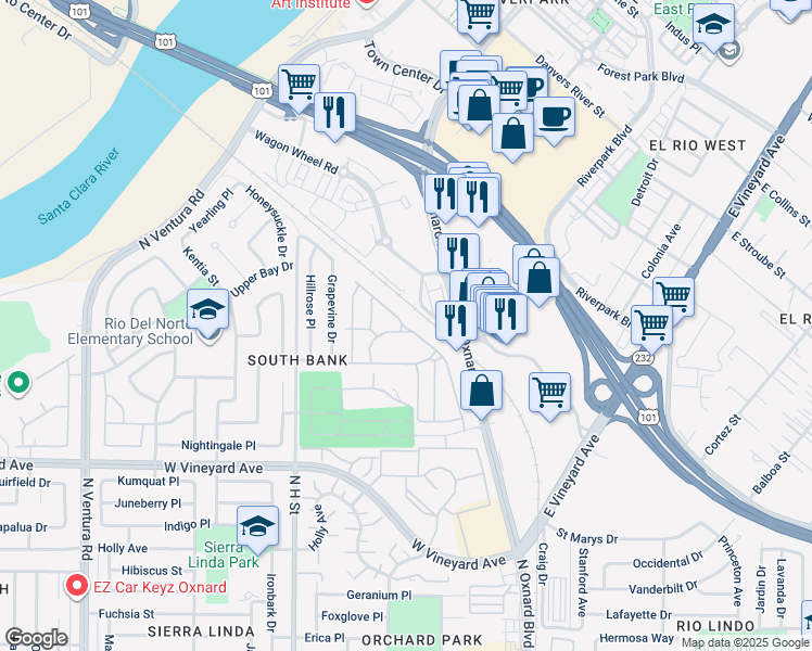map of restaurants, bars, coffee shops, grocery stores, and more near 445 Dewberry Lane in Oxnard