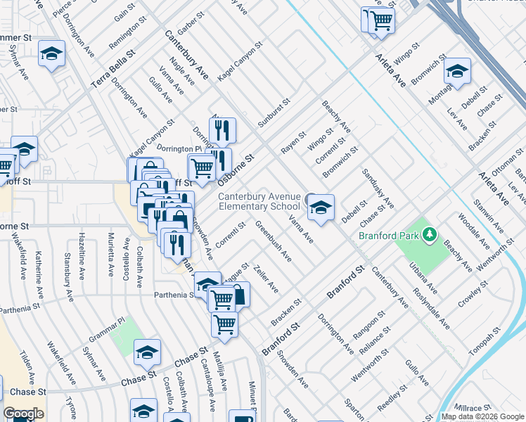 map of restaurants, bars, coffee shops, grocery stores, and more near 9061 Varna Avenue in Los Angeles