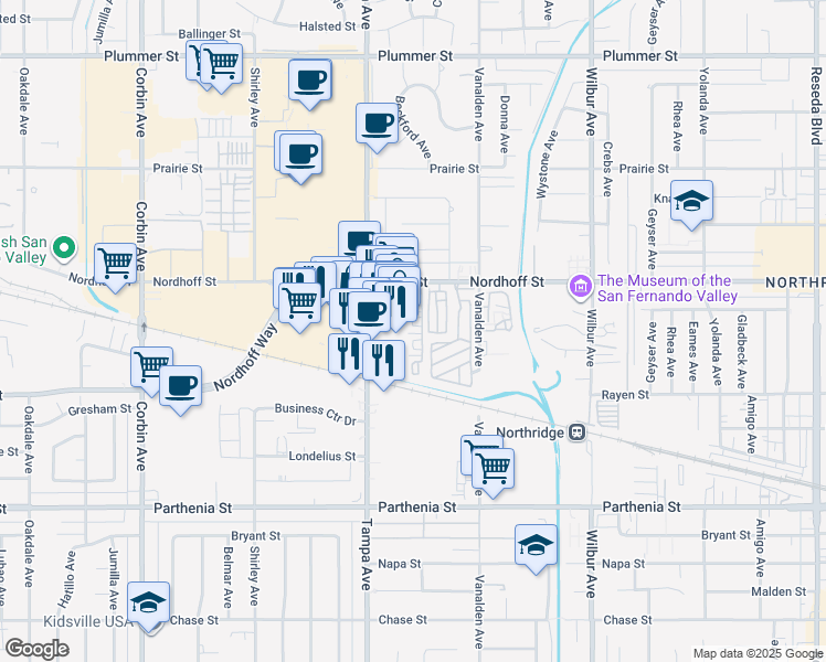 map of restaurants, bars, coffee shops, grocery stores, and more near 9058 Tampa Avenue in Los Angeles