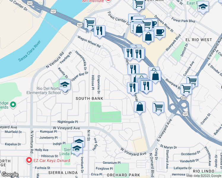 map of restaurants, bars, coffee shops, grocery stores, and more near 2534 Apple Lane in Oxnard