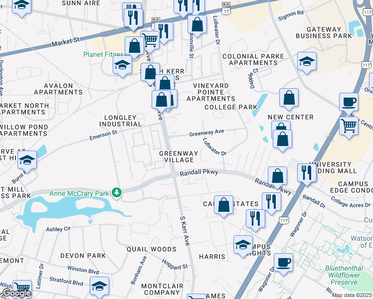 map of restaurants, bars, coffee shops, grocery stores, and more near 4529 Greenway Avenue in Wilmington
