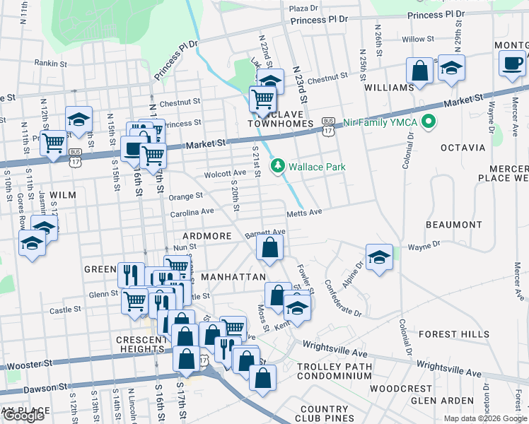 map of restaurants, bars, coffee shops, grocery stores, and more near 2114 Creecy Avenue in Wilmington