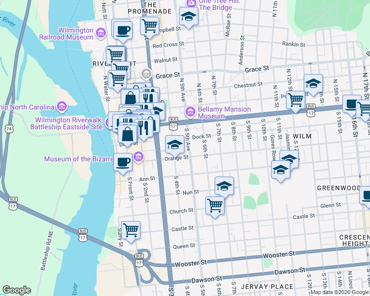 map of restaurants, bars, coffee shops, grocery stores, and more near 101 South 5th Avenue in Wilmington