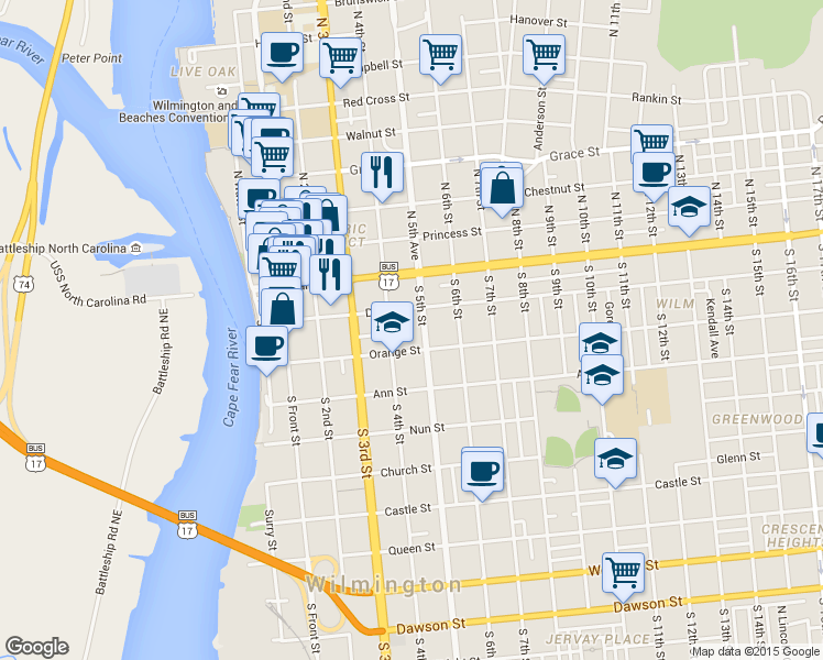 map of restaurants, bars, coffee shops, grocery stores, and more near 101 South 5th Avenue in Wilmington