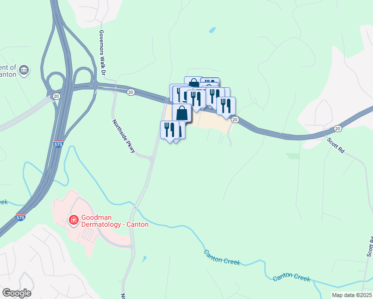 map of restaurants, bars, coffee shops, grocery stores, and more near 2034 Cumming Highway in Canton