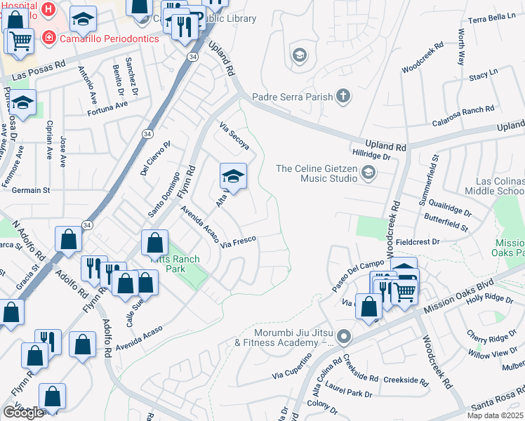 map of restaurants, bars, coffee shops, grocery stores, and more near 5119 Caminito Luisa in Camarillo