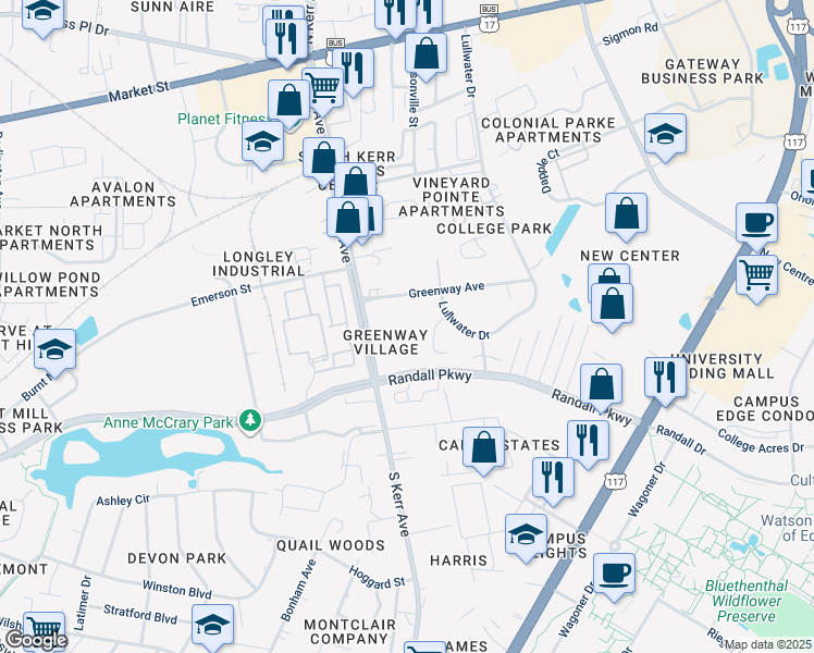 map of restaurants, bars, coffee shops, grocery stores, and more near 321 South Kerr Avenue in Wilmington