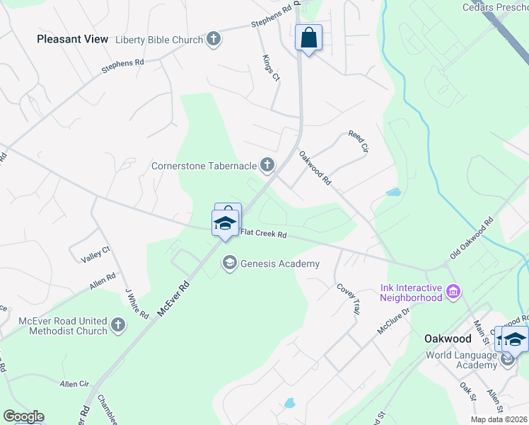 map of restaurants, bars, coffee shops, grocery stores, and more near 5025 McEver Road in Oakwood