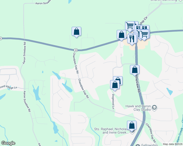map of restaurants, bars, coffee shops, grocery stores, and more near 3795 Westhaven Drive in Cumming