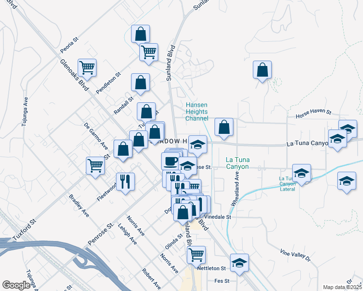 map of restaurants, bars, coffee shops, grocery stores, and more near 9052 Sunland Boulevard in Los Angeles