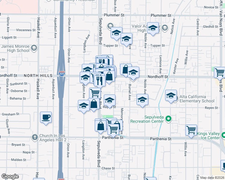 map of restaurants, bars, coffee shops, grocery stores, and more near 9011 Columbus Avenue in Los Angeles