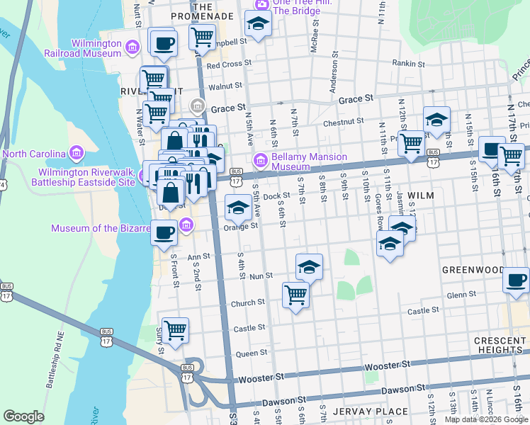 map of restaurants, bars, coffee shops, grocery stores, and more near 119 South 5th Avenue in Wilmington