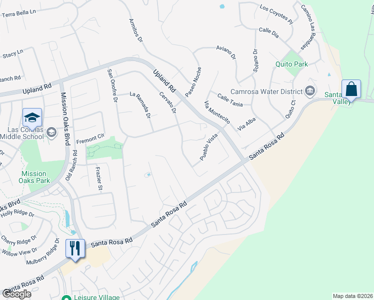 map of restaurants, bars, coffee shops, grocery stores, and more near 2 Camarillo Street in Camarillo
