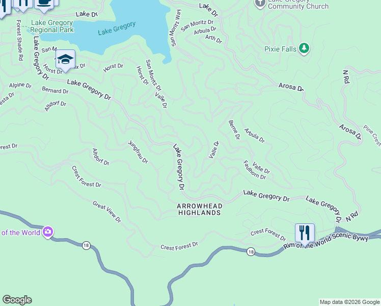 map of restaurants, bars, coffee shops, grocery stores, and more near 24738 Nestal Court in Crestline