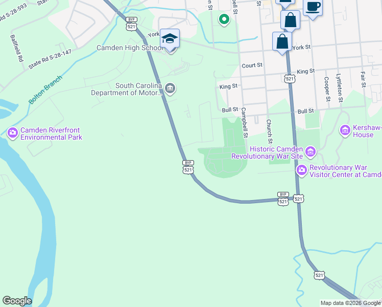 map of restaurants, bars, coffee shops, grocery stores, and more near 1132 Ehrenclou Drive in Camden