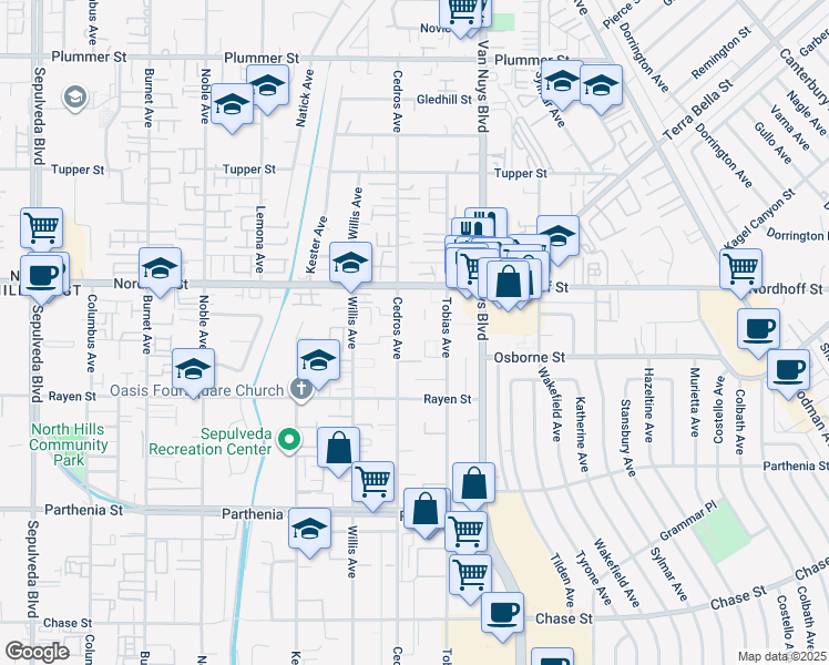map of restaurants, bars, coffee shops, grocery stores, and more near 9022 Cedros Avenue in Los Angeles