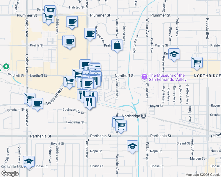 map of restaurants, bars, coffee shops, grocery stores, and more near 8 Canterbury Drive in Los Angeles