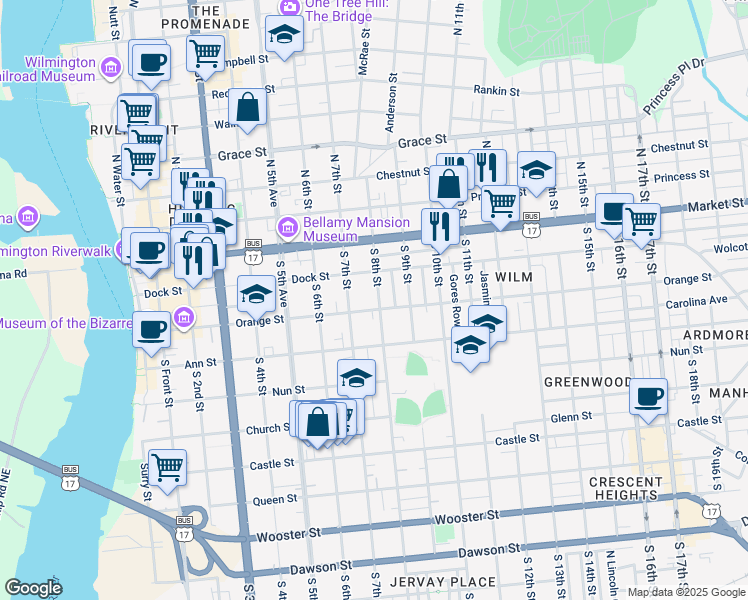 map of restaurants, bars, coffee shops, grocery stores, and more near 122 South 8th Street in Wilmington