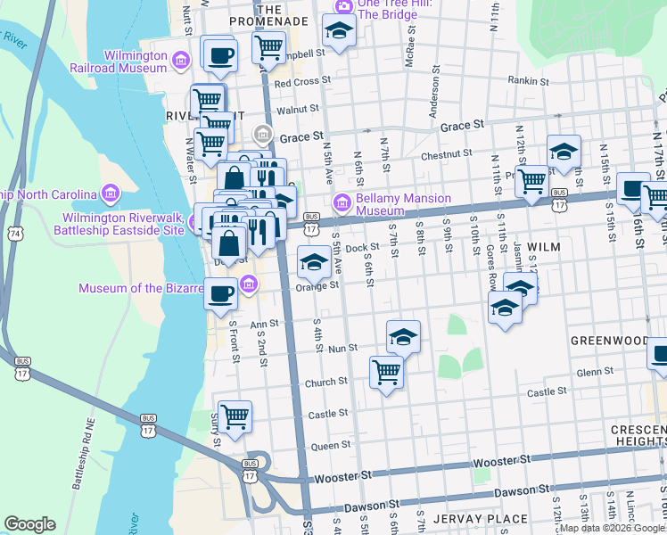 map of restaurants, bars, coffee shops, grocery stores, and more near 101 South 5th Avenue in Wilmington