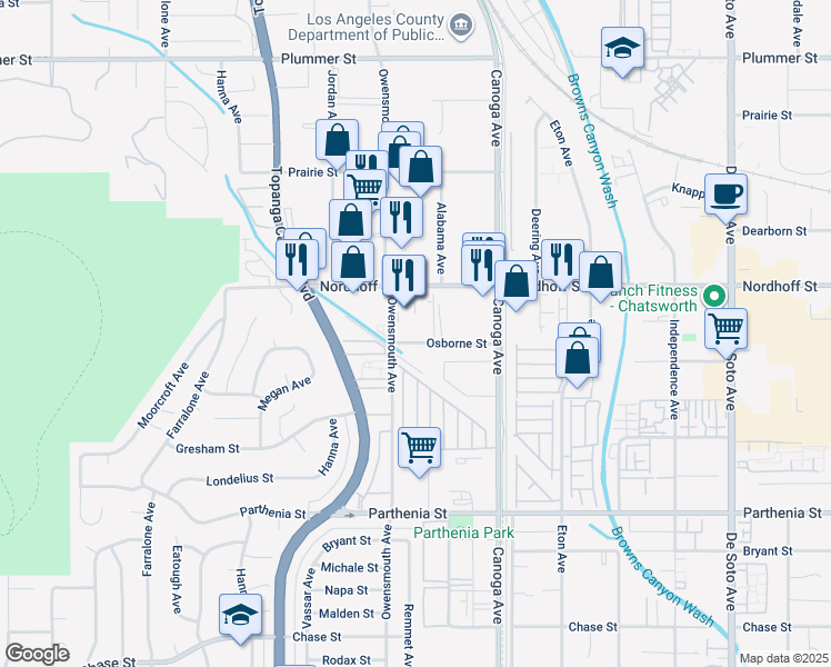 map of restaurants, bars, coffee shops, grocery stores, and more near 21600 Osborne Street in Los Angeles